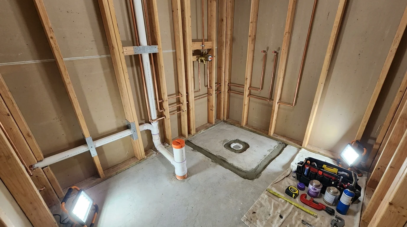 Bathroom rough-in plumbing during remodel by Johns Plumbing LLC in Holland