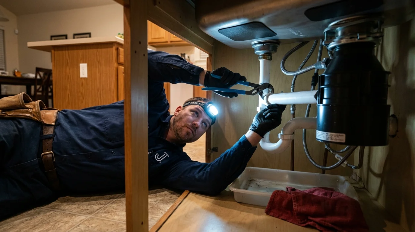 P-trap and supply line connections under a kitchen sink showing a common leak point in Holland, OH
